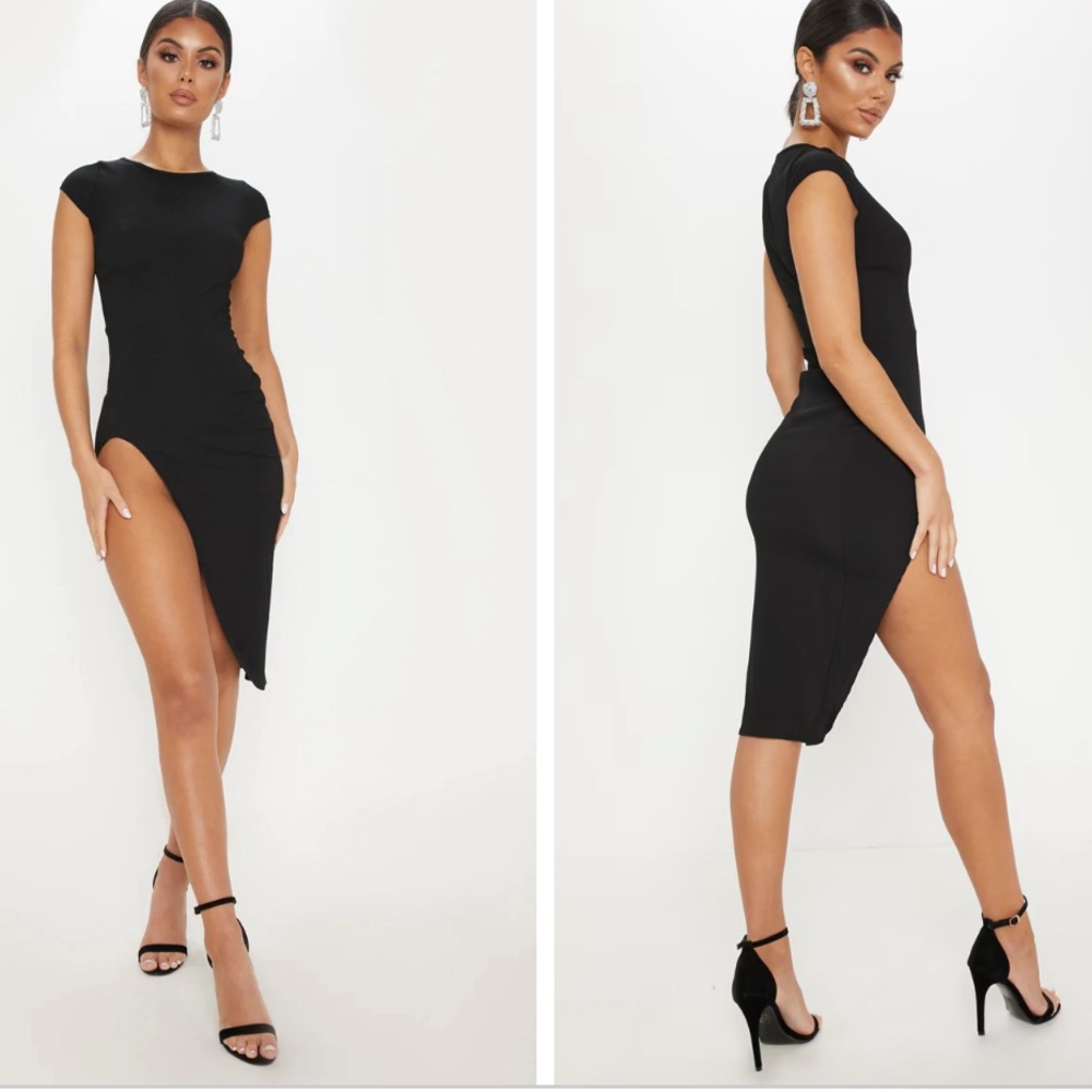 NWT PrettyLittleThing ribbed black extreme split cap sleeve midi dress